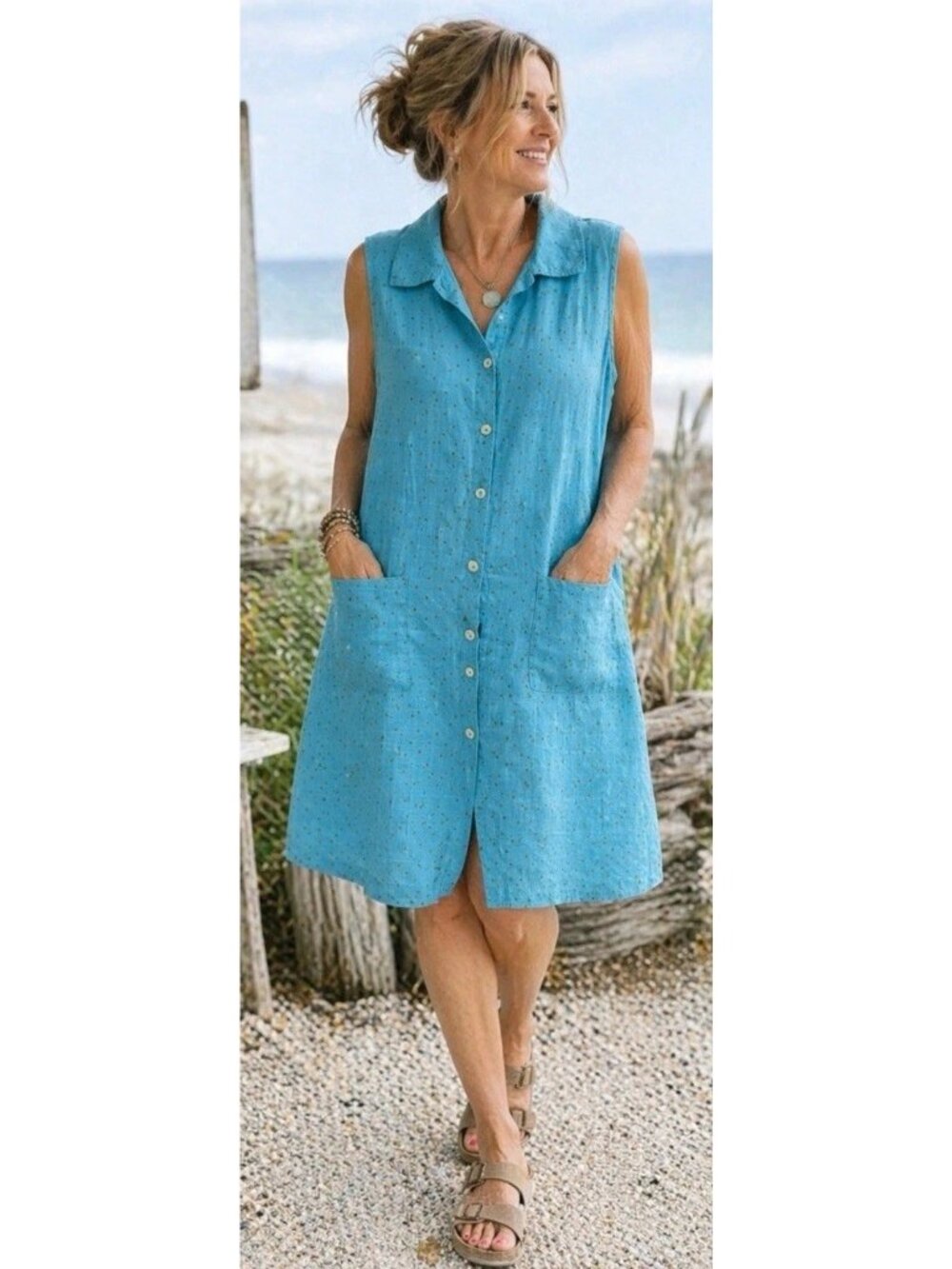 FLAX Linen Dress Size Large Blue Gold Polka Dot Sleeveless Button Front Pockets